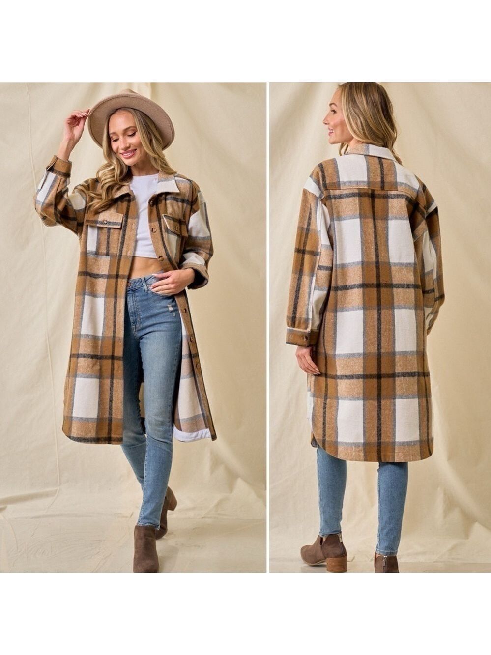 New! Brushed Long Tan Shacket with pockets